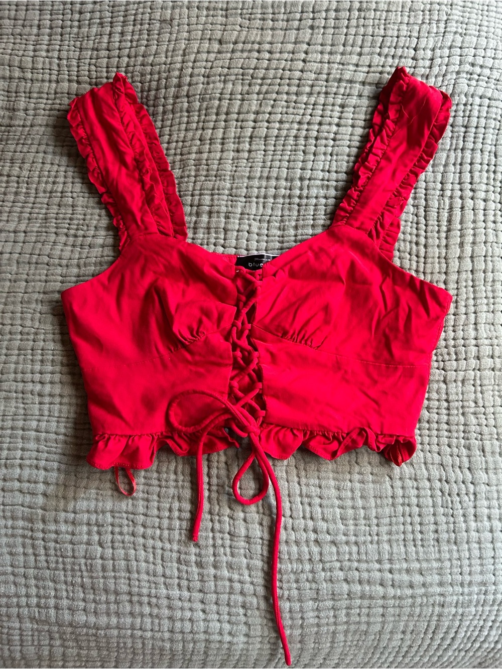 Blue Blush Red Lace-Up Ruffle Crop Top